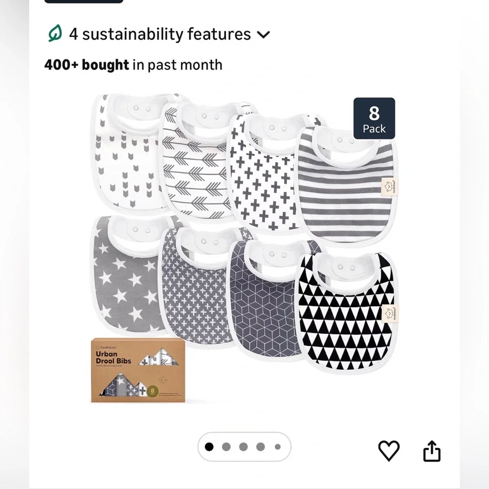 NWOT! Keababies 8-Pack Organic Bibs, 0-24 Months, Grayscale (3 extra included)